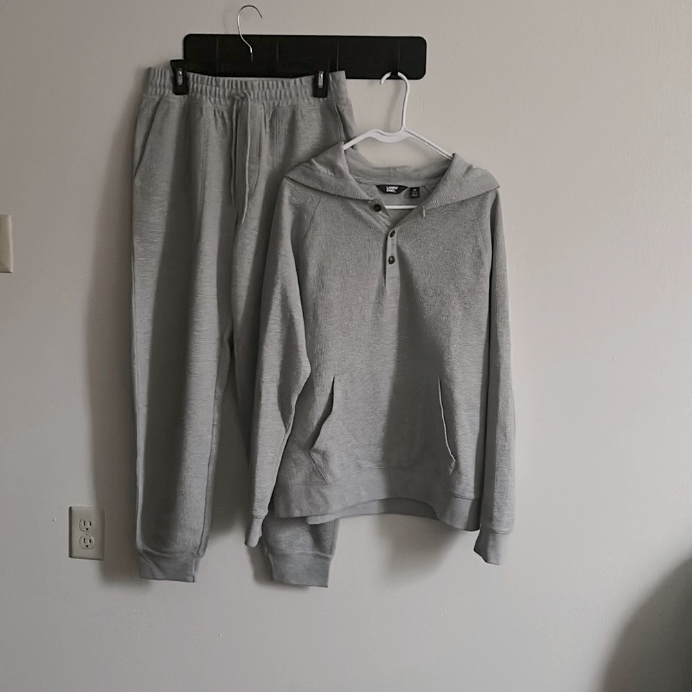 Lands' End Jogger/Running Set Waffle Knit Gray Pullover Hoodie Sweatshirt&Pants